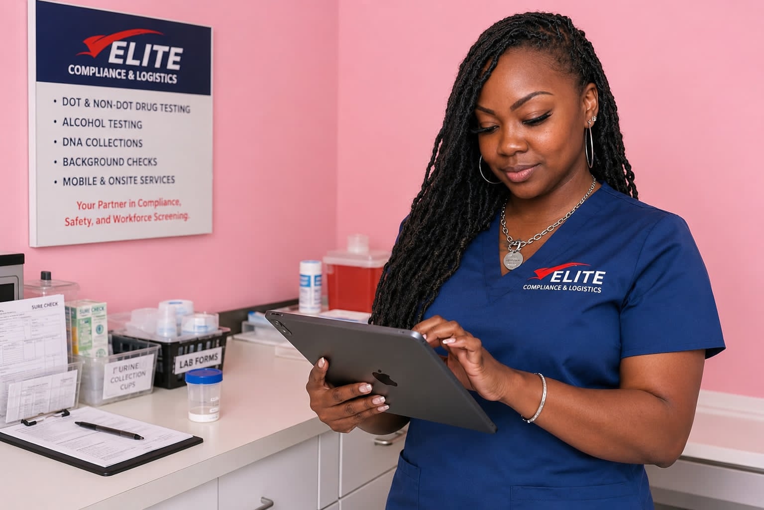 Elite Compliance & Logistics specialist in branded scrubs handling DOT drug testing and lab collection forms in Houston